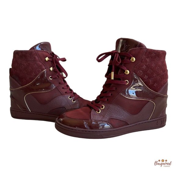 Auth LOUIS VUITTON Bordeaux Monogram Suede Leather Cliff Top Wedge Sneakers 38/8